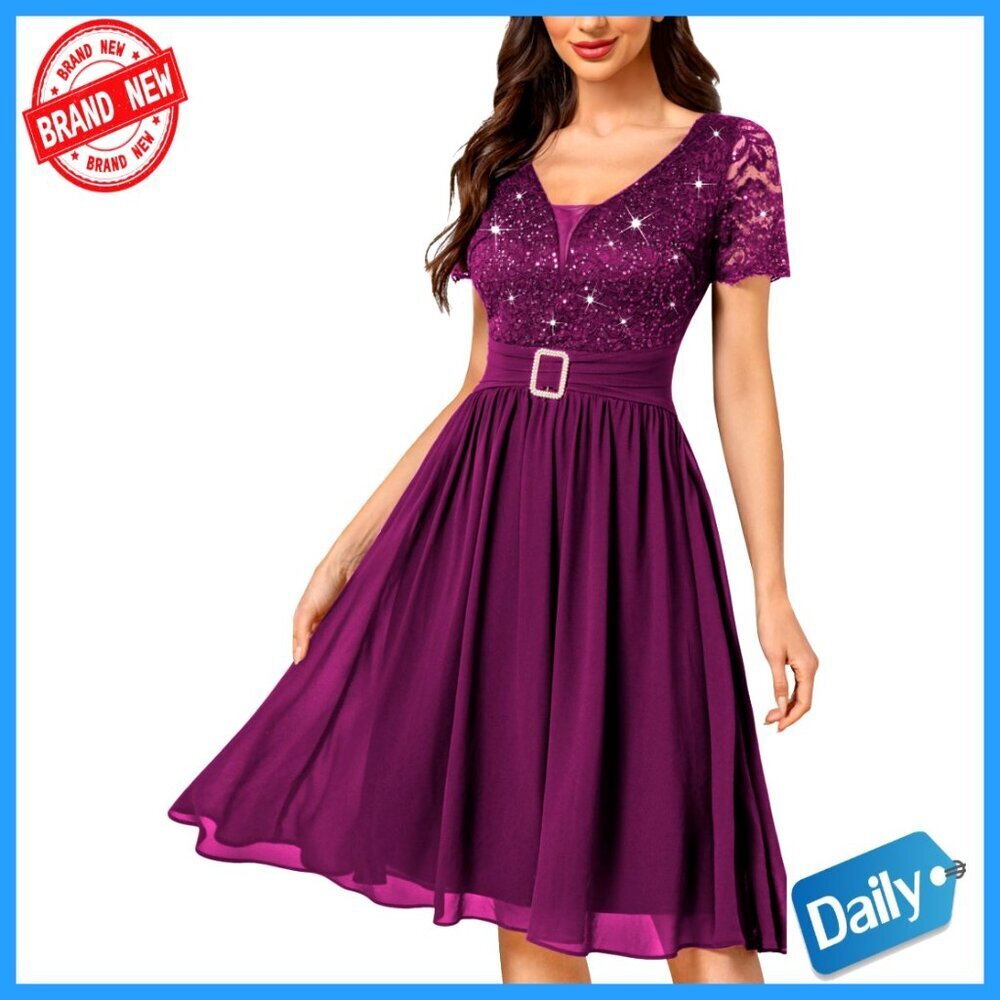 V-Neck Sequin Empire Waist Cocktail Dress Short Sleeve Prom Party